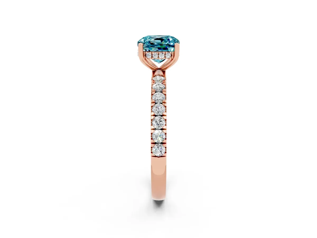 Cushion Cut Blue Topaz Pave Band Solitaire Ring with Round and Prong Setting Rose gold