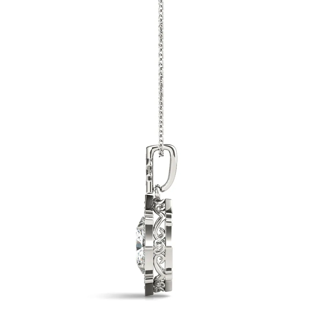 Oval Diamond Halo Pendant with Milgrain Prong Setting Silver