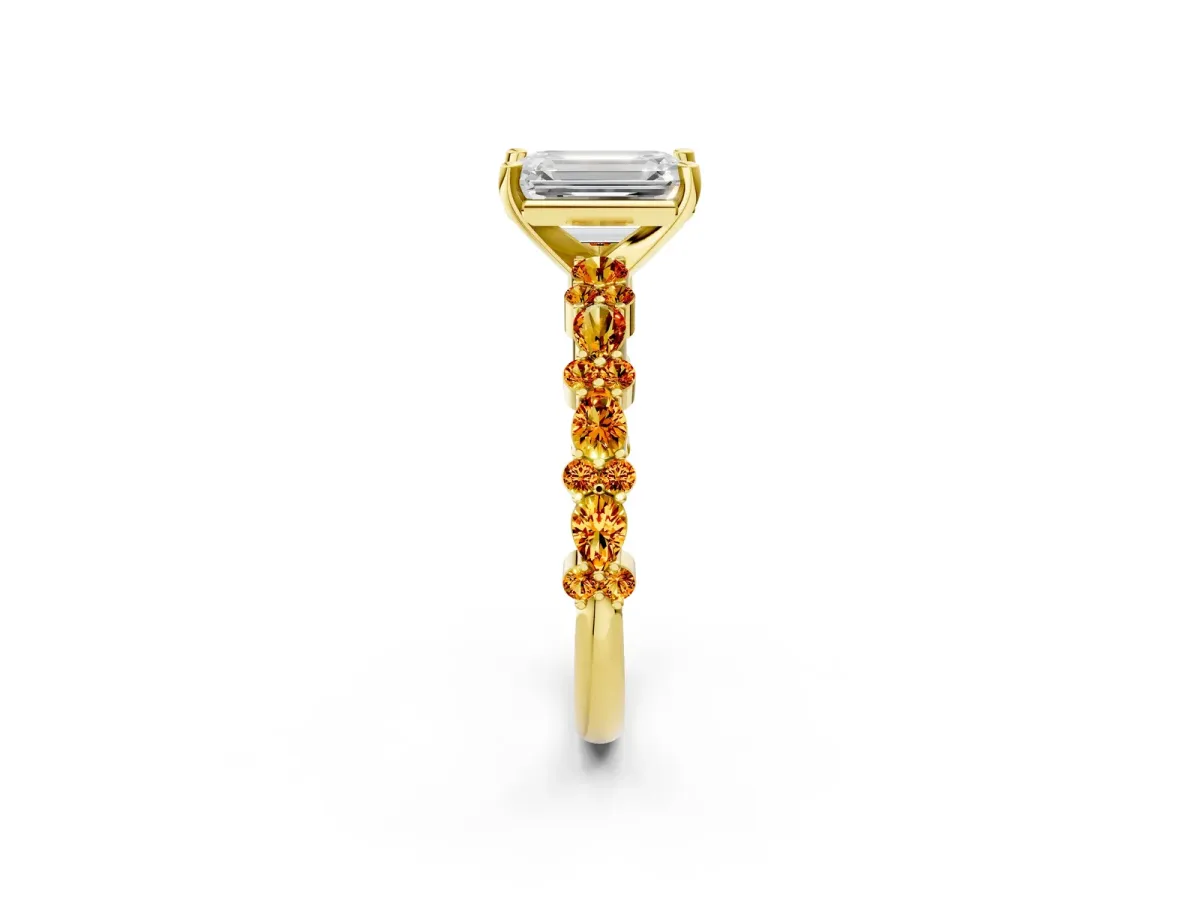 Emerald Cut Diamond Side Stone Solitaire Ring with Round Citrine and Four-Prong Setting Yellow gold