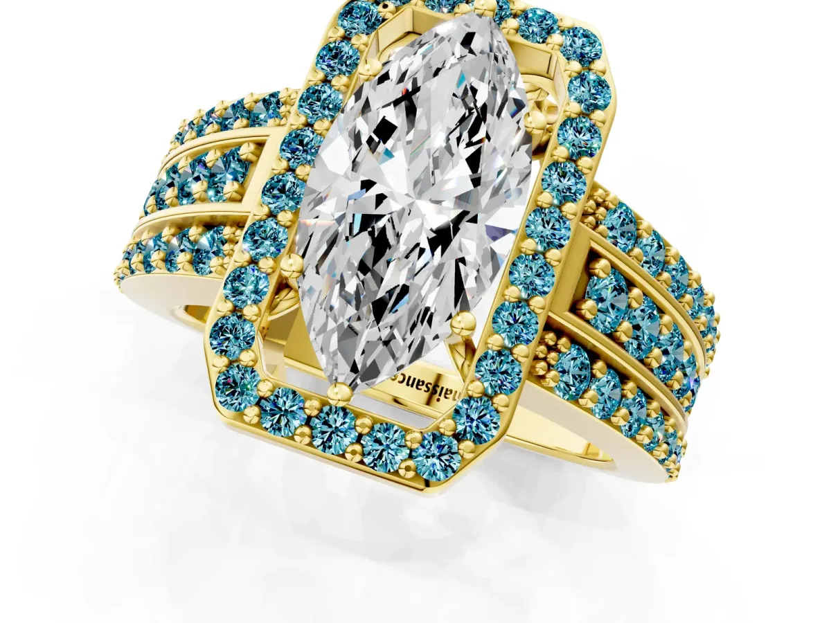 Marquise Cut Halo Diamond Ring with Round Blue Topaz Split Shank and Prong Setting Yellow gold