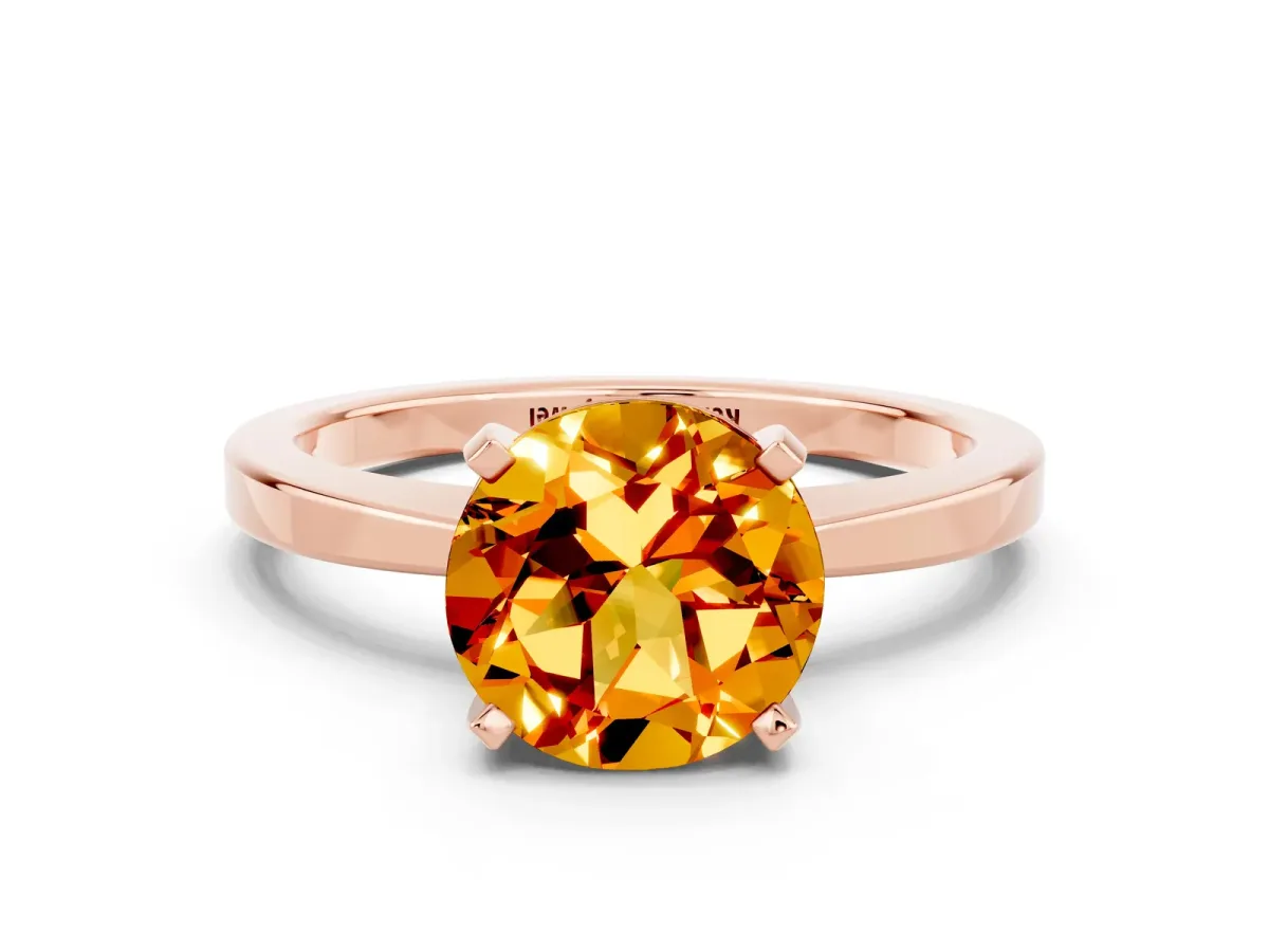 Round Cut Citrine Solitaire Engagement Ring with Classic Band and Four-Prong Setting Rose gold