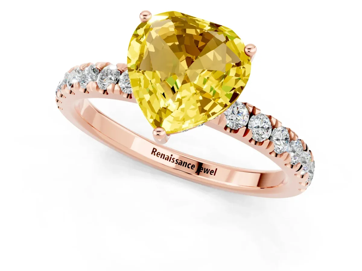 Heart Cut Yellow Sapphire Pave Band Solitaire Ring with Round and Prong Setting Rose gold