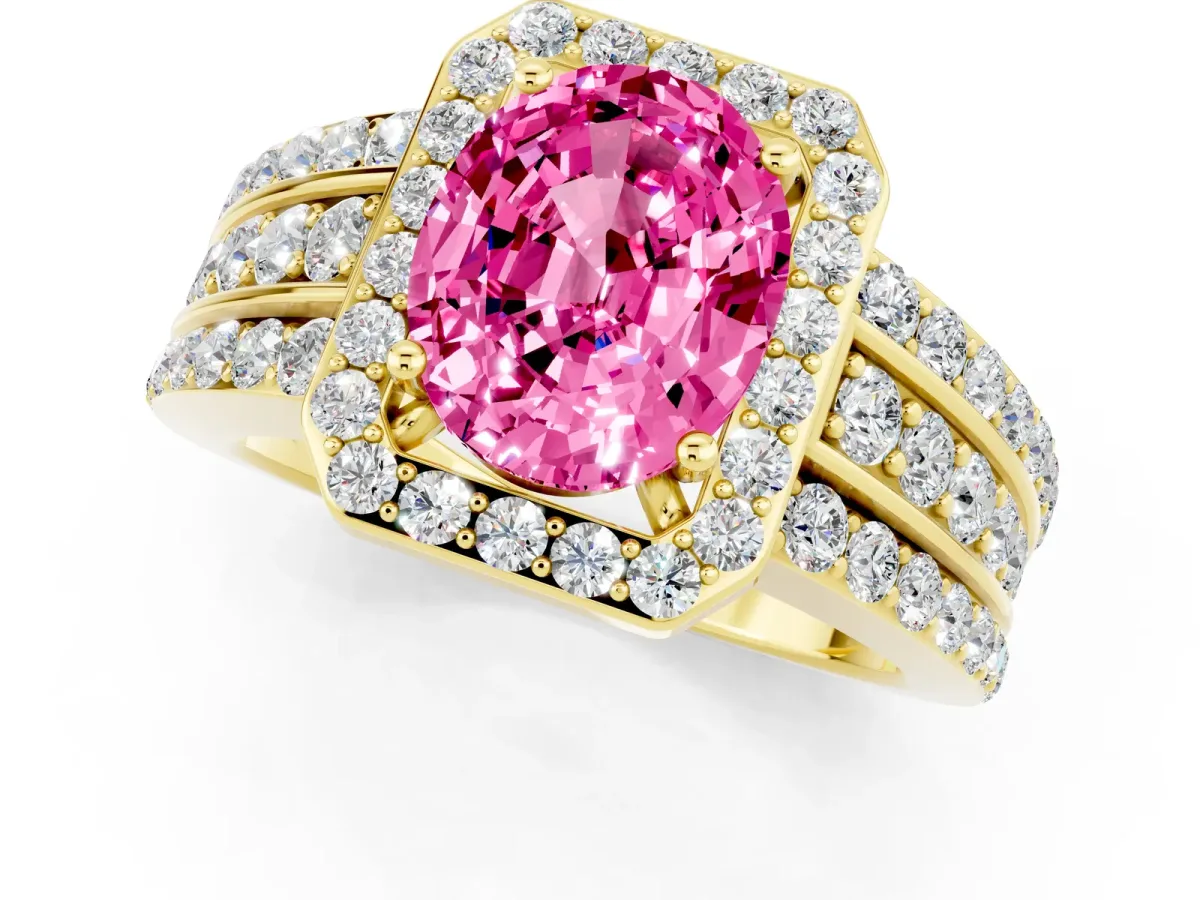 Oval Cut Halo Pink Sapphire Ring with Round Split Shank and Prong Setting Yellow gold