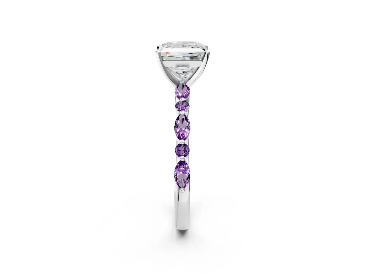 Princess Cut Diamond Ring with Marquise and Round Amethyst Side Stones and Four-Prong Setting Silver