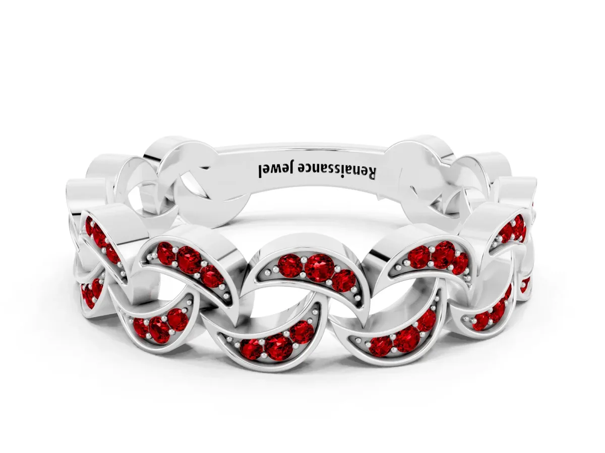 Pavé Round Ruby Interlocking Eternity Band with Bezel Prong Setting Silver