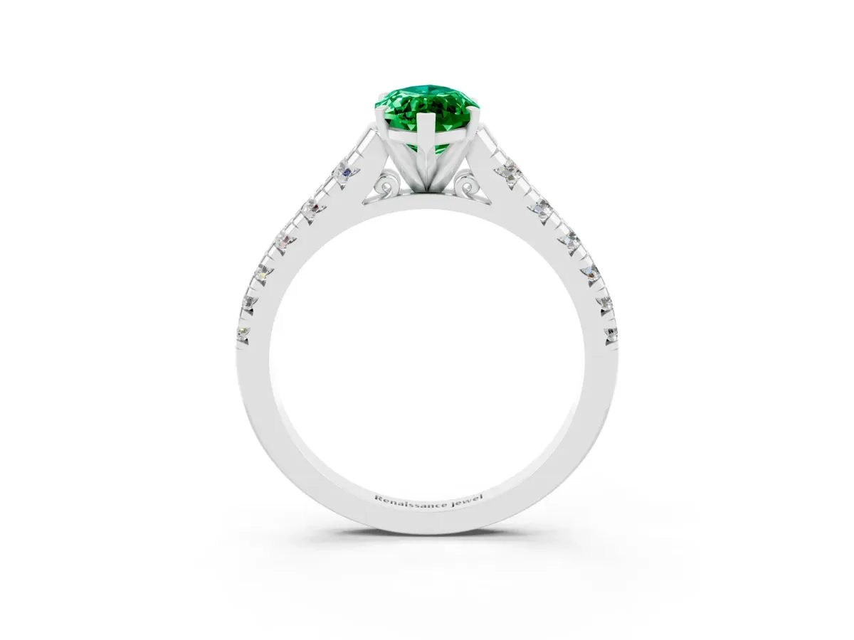 Marquise Cut Emerald Cathedral Solitaire Ring with Round Pavé Band Platinum