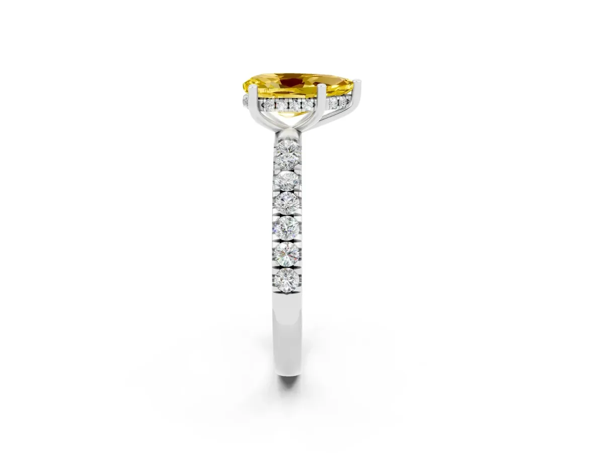 Pear Cut Yellow Sapphire Pave Band Solitaire Ring with Round and Prong Setting Silver