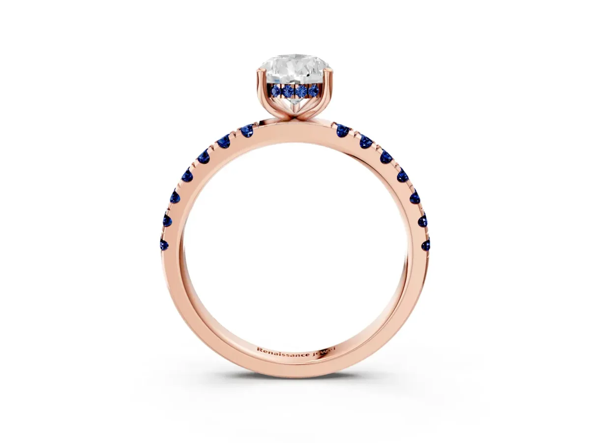 Pear Cut Diamond Pave Band Solitaire Ring with Round Blue Sapphire and Prong Setting Rose gold