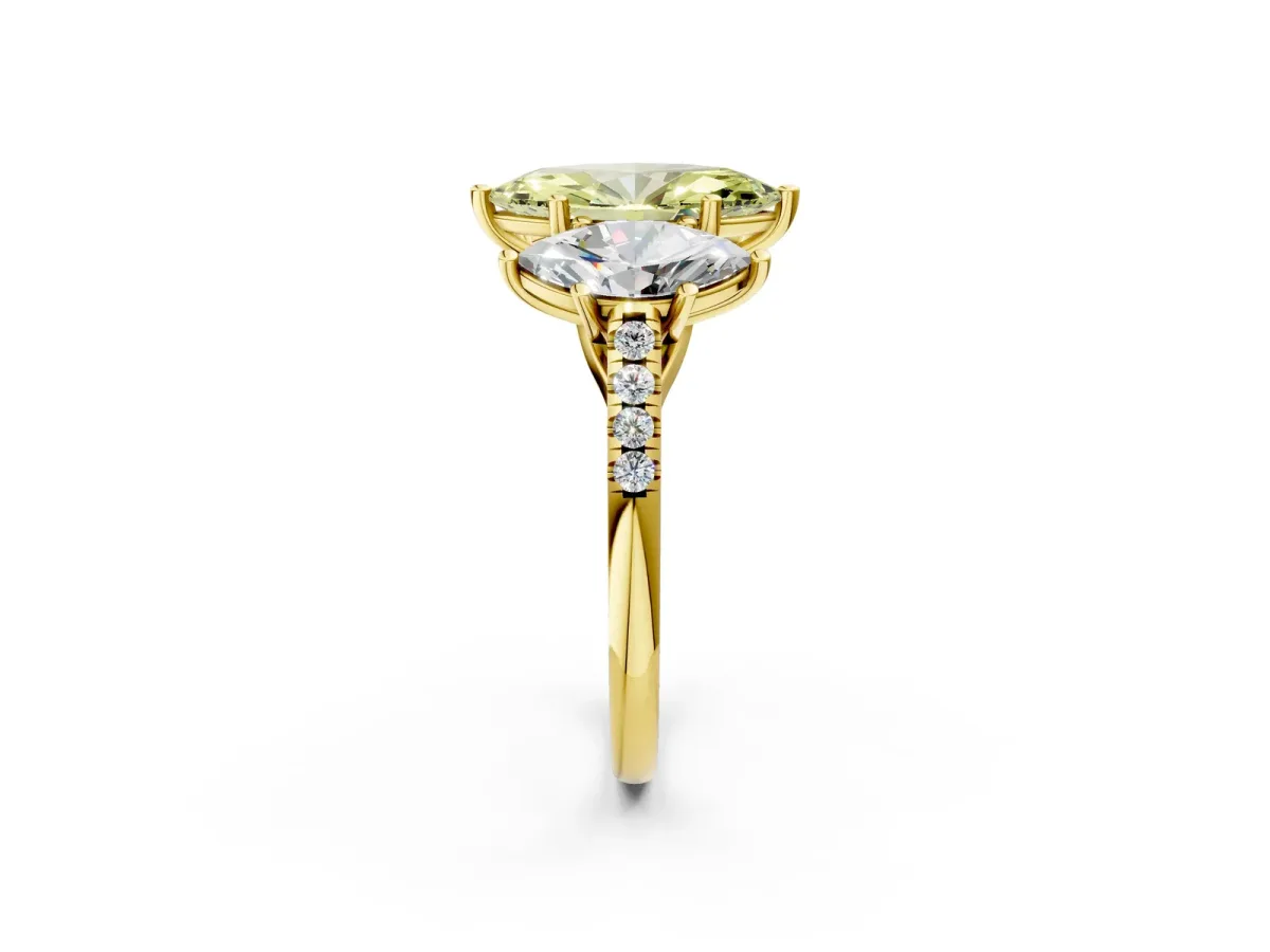 Fancy Yellow Three-Stone Marquise Cut Diamond Ring with Round Pavé Band and Prong Setting Yellow gold