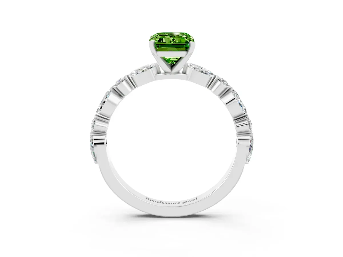 Emerald Cut Peridot Ring with Marquise and Round Side Stones and Four-Prong Setting White gold