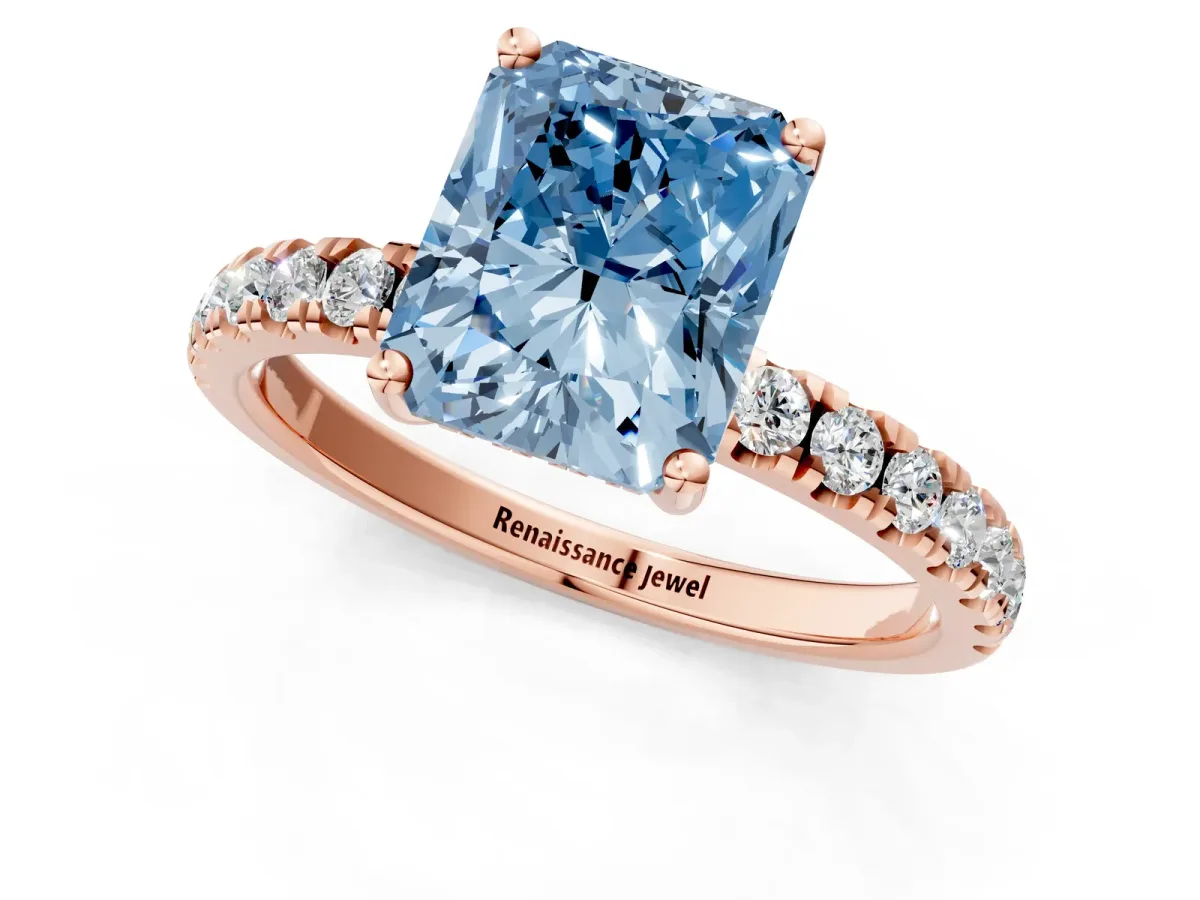 Fancy Blue Radiant Cut Diamond Pave Band Solitaire Ring with Round and Prong Setting Rose gold