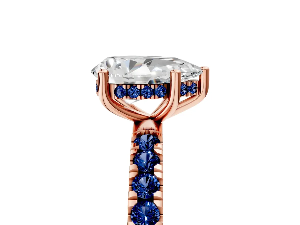 Pear Cut Diamond Pave Band Solitaire Ring with Round Blue Sapphire and Prong Setting Rose gold