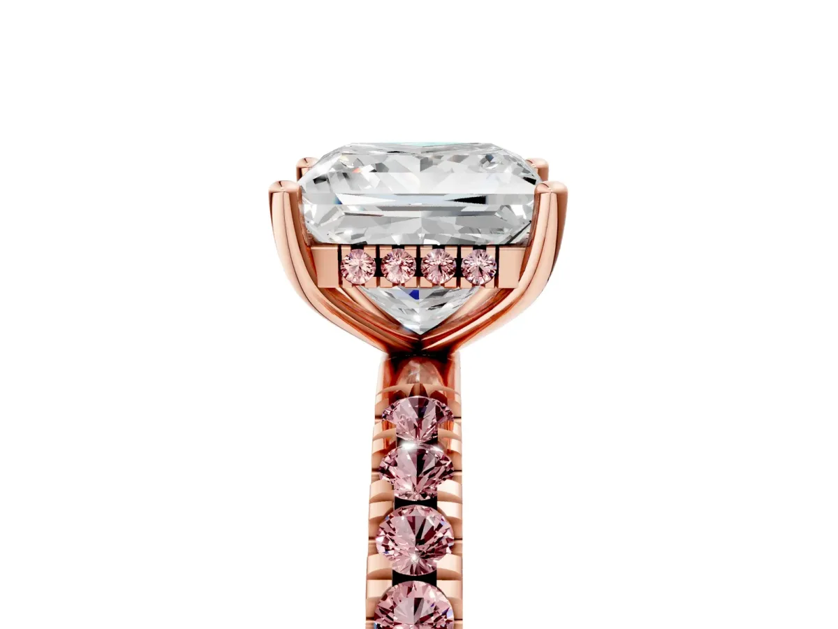 Princess Cut Diamond Pave Band Solitaire Ring with Round Morganite and Prong Setting Rose gold