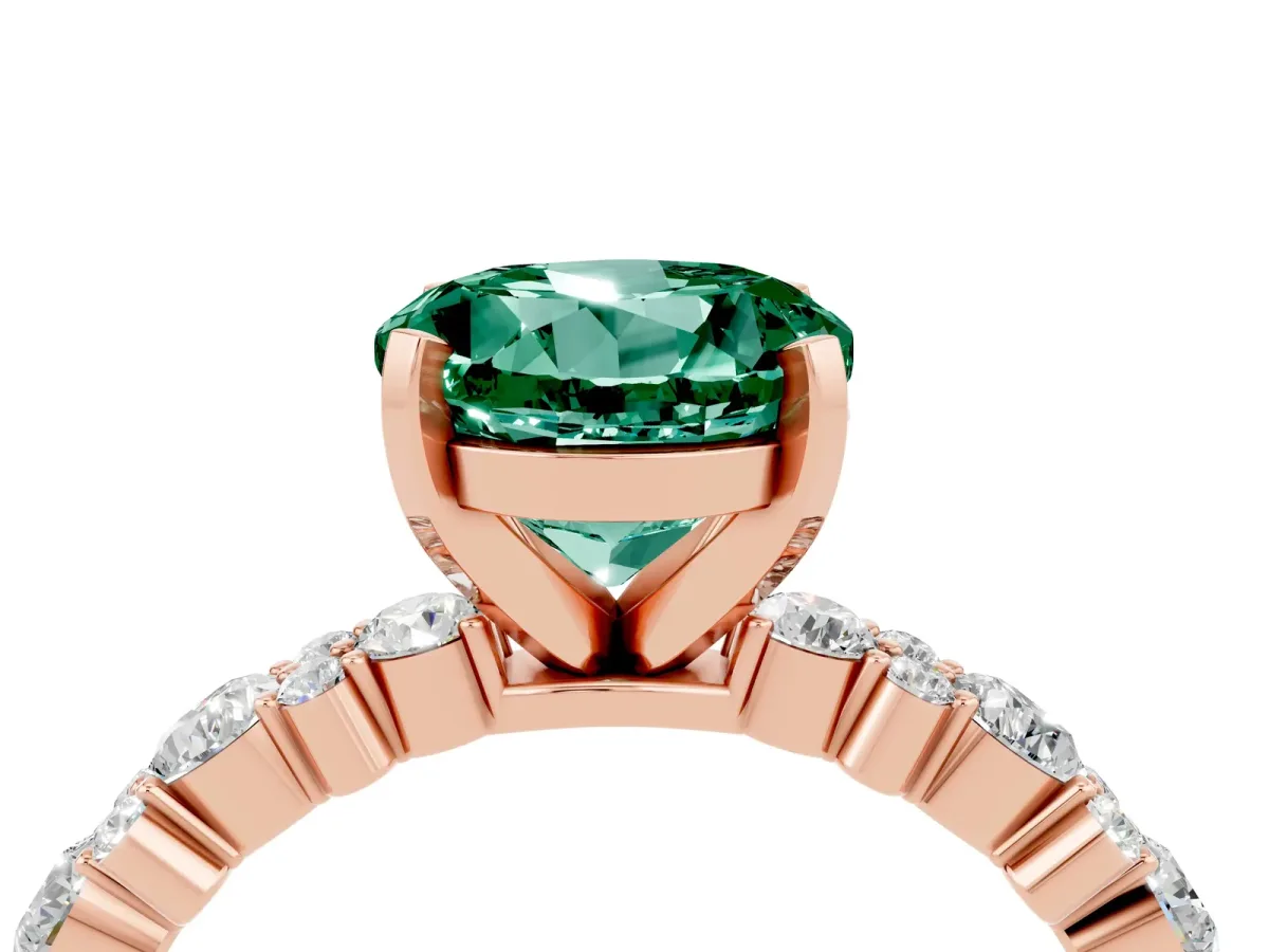 Round Cut Green Sapphire Side Stone Solitaire Ring with Round and Four-Prong Setting Rose gold