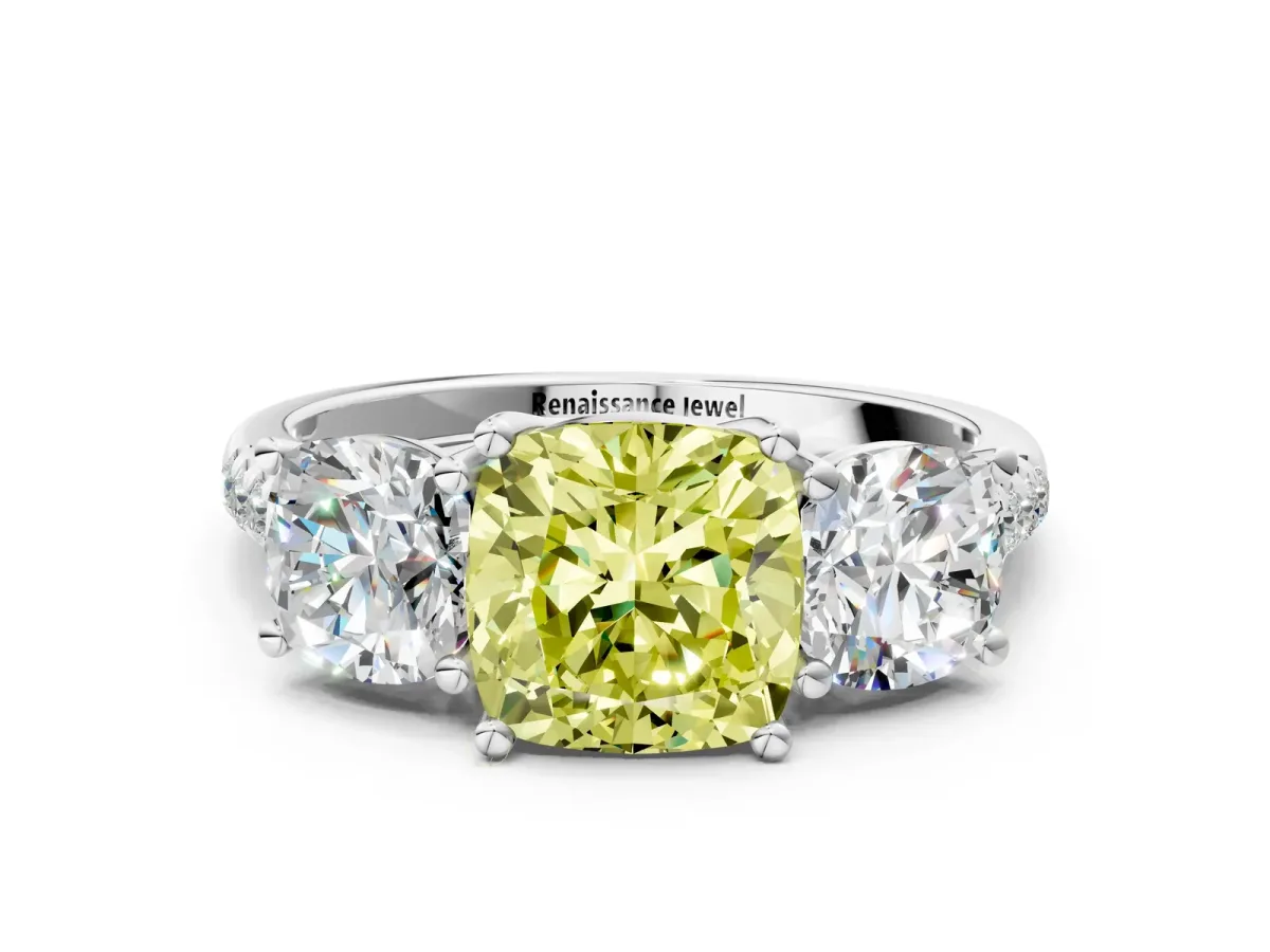 Fancy Yellow Three-Stone Cushion Cut Diamond Ring with Round Pavé Band and Prong Setting Silver