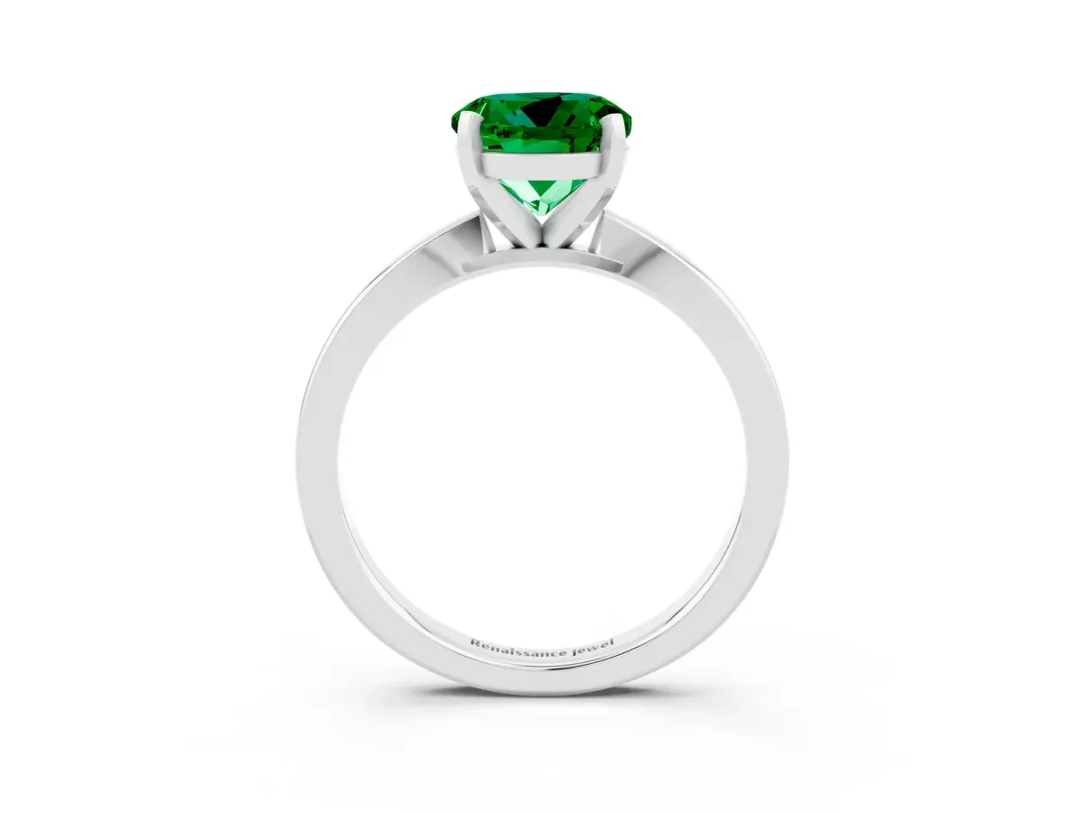 Round Cut Emerald Solitaire Engagement Ring with Classic Band and Four-Prong Setting Platinum
