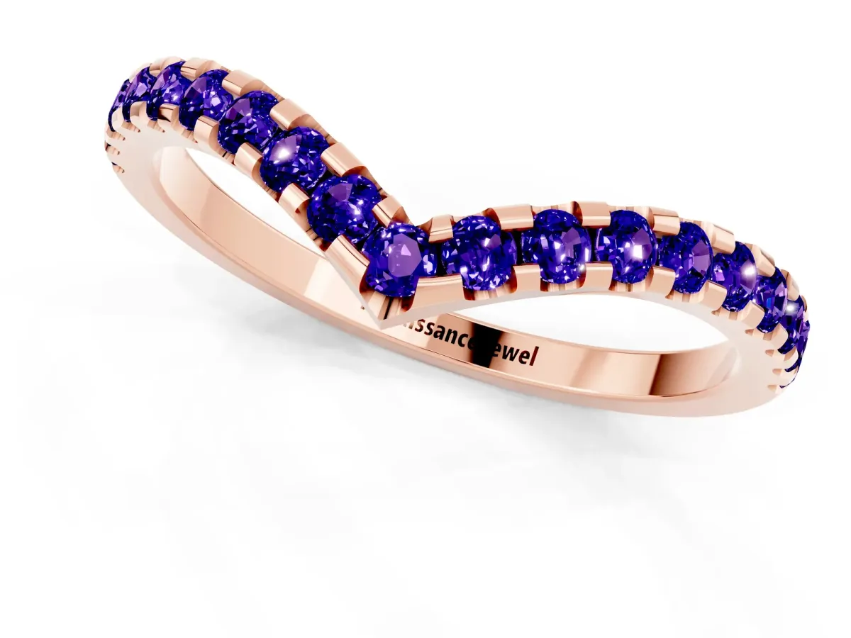 Pavé Round Tanzanite Chevron Band with Shared Prong Setting Rose gold