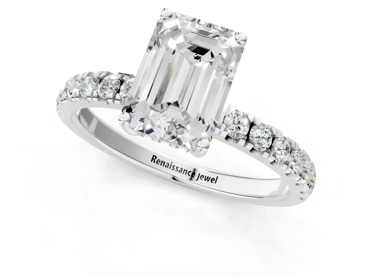Emerald Cut Diamond Pave Band Solitaire Ring with Round Moissanite and Prong Setting Platinum