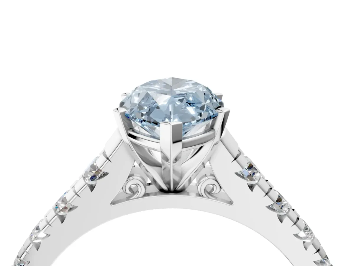 Fancy Blue Marquise Cut Diamond Cathedral Solitaire Ring with Round Pavé Band Platinum