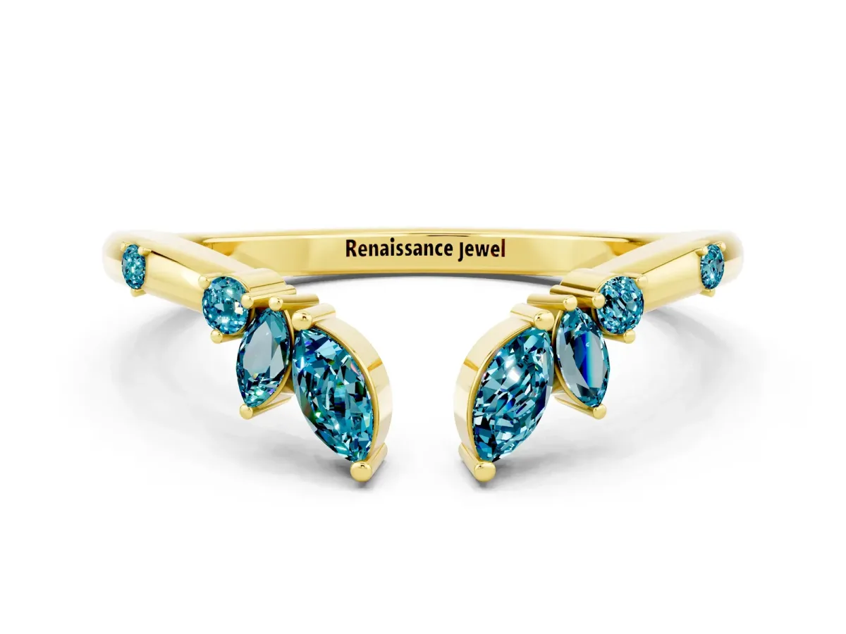 Open Marquise Cluster Blue Topaz Band with Prong Setting Yellow gold
