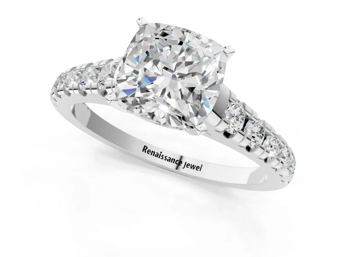 Cushion Cut Diamond Cathedral Solitaire Ring with Round Moissanite Pavé Band White gold