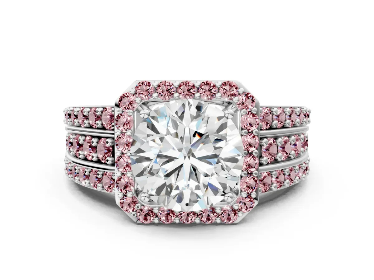 Round Cut Halo Diamond Ring with Round Morganite Split Shank and Prong Setting White gold