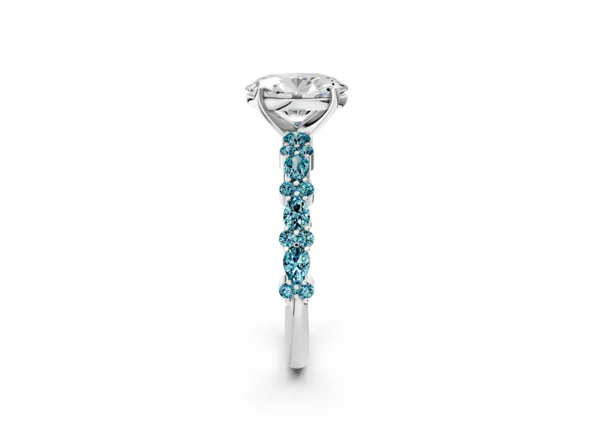 Oval Cut Diamond Side Stone Solitaire Ring with Round Blue Topaz and Four-Prong Setting White gold