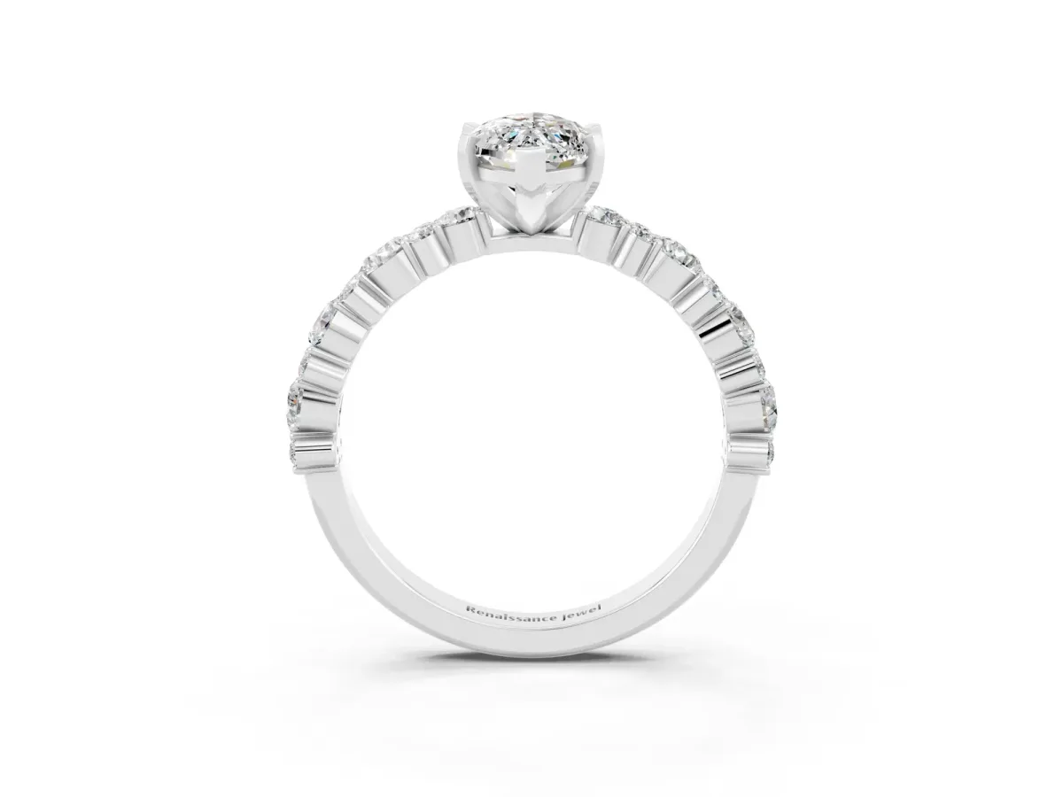 Marquise Cut Moissanite Side Stone Solitaire Ring with Round and Four-Prong Setting White gold