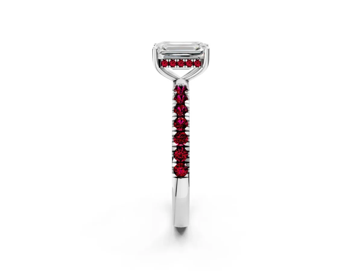 Emerald Cut Diamond Pave Band Solitaire Ring with Round Garnet and Prong Setting White gold