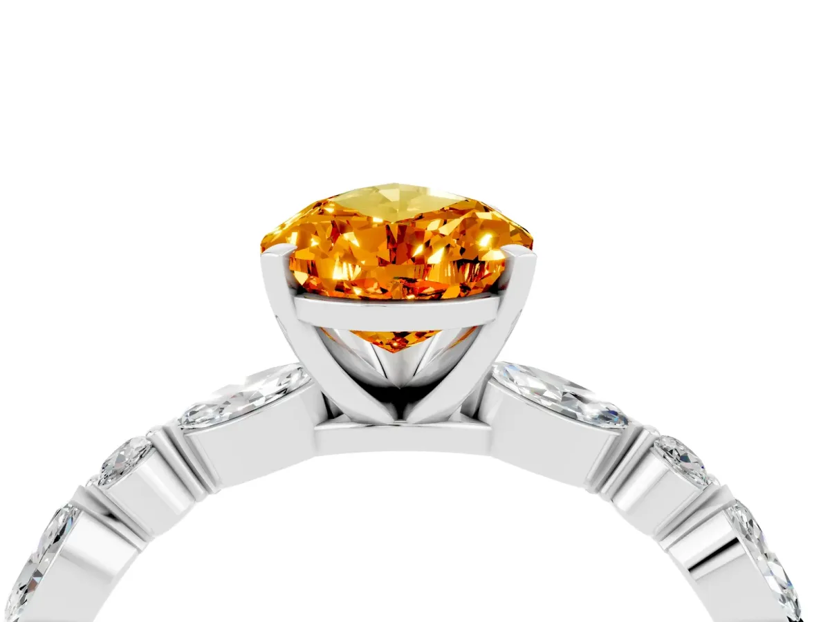 Pear Cut Citrine Ring with Marquise and Round Side Stones and Four-Prong Setting Platinum