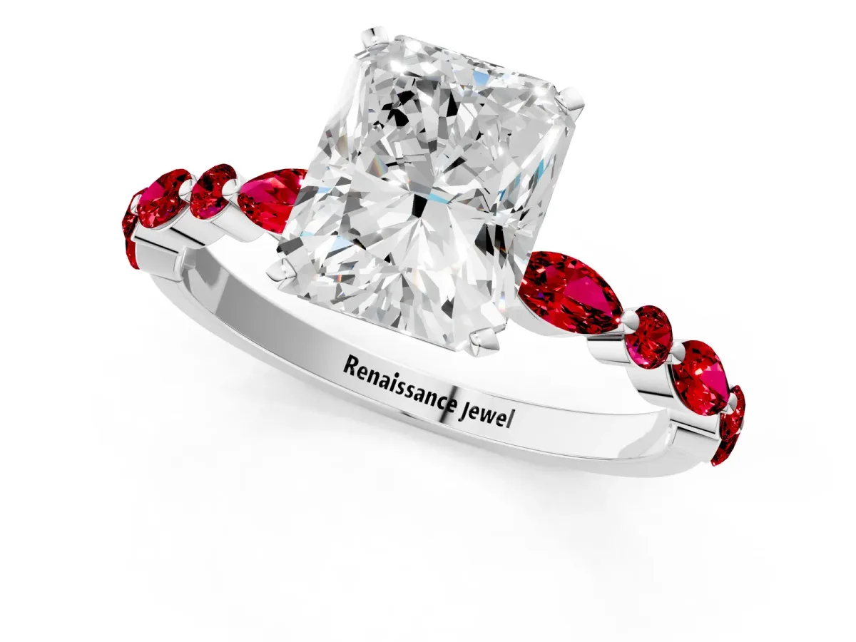 Radiant Cut Diamond Ring with Marquise and Round Ruby Side Stones and Four-Prong Setting White gold