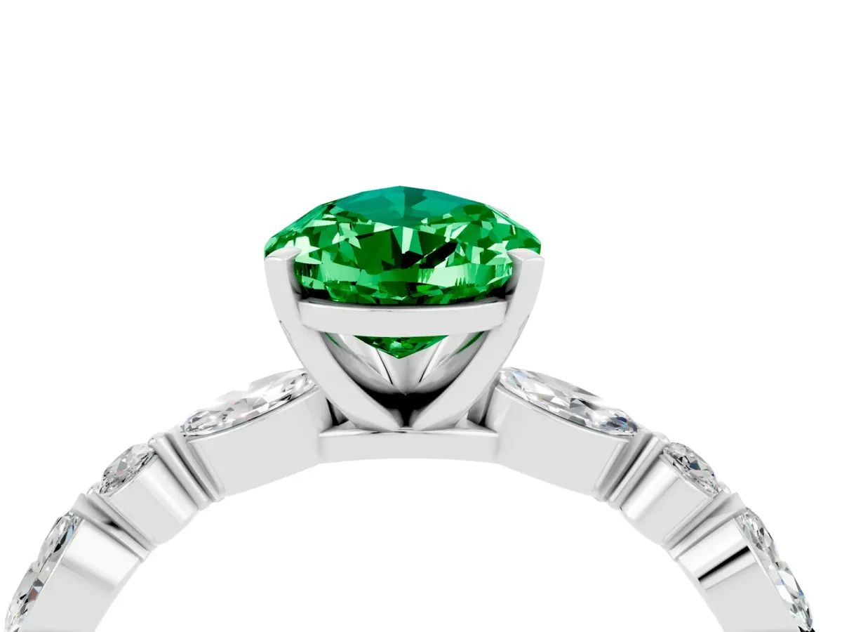 Pear Cut Emerald Ring with Marquise and Round Side Stones and Four-Prong Setting Platinum