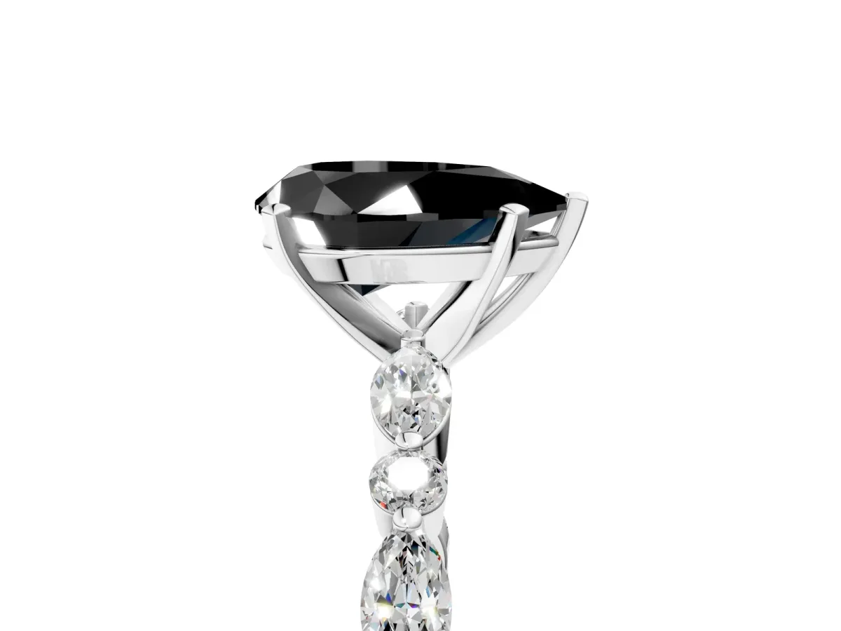 Fancy Black Pear Cut Diamond Ring with Marquise and Round Side Stones and Four-Prong Setting Platinum