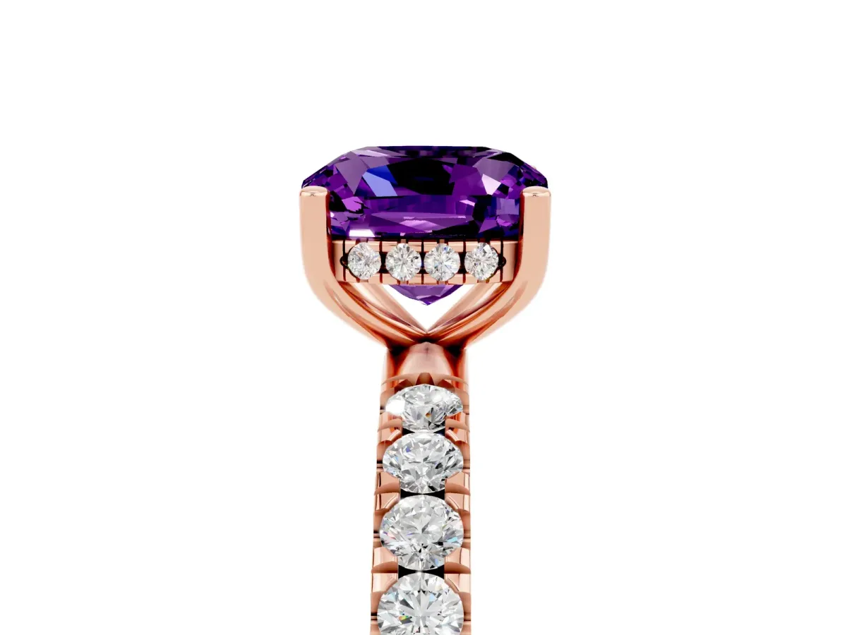 Cushion Cut Amethyst Pave Band Solitaire Ring with Round and Prong Setting Rose gold