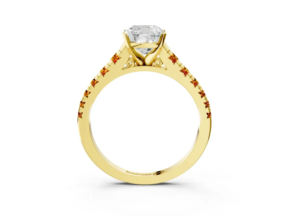 Cushion Cut Diamond Cathedral Solitaire Ring with Round Citrine Pavé Band Yellow gold