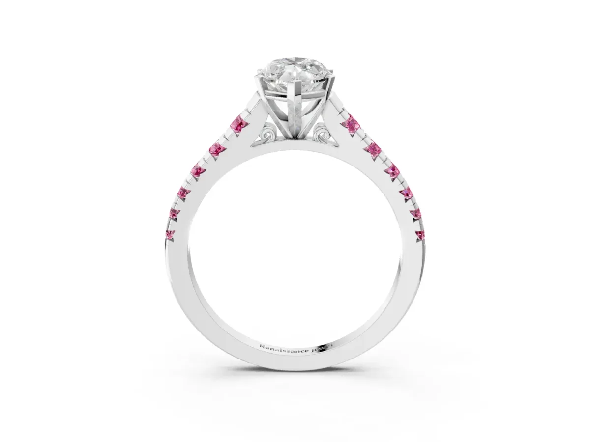 Marquise Cut Diamond Cathedral Solitaire Ring with Round Pink Sapphire Pavé Band Silver