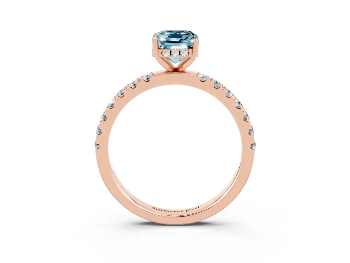 Emerald Cut Aquamarine Pave Band Solitaire Ring with Round and Prong Setting Rose gold