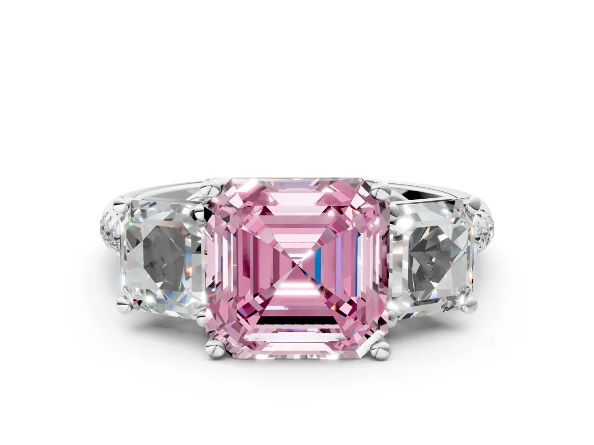Fancy Pink Three-Stone Asscher Cut Diamond Ring with Round Pavé Band and Prong Setting Platinum