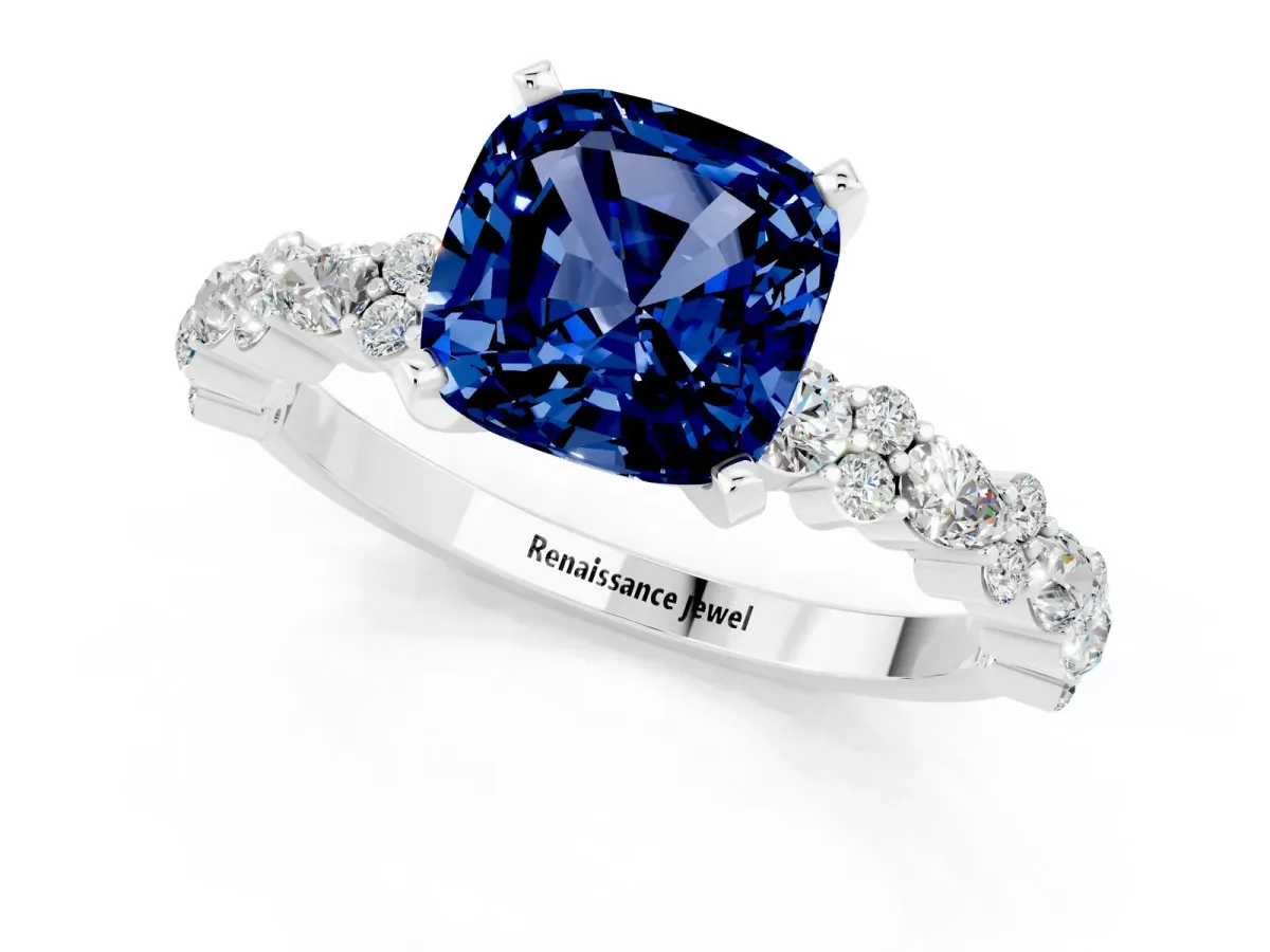 Cushion Cut Blue Sapphire Side Stone Solitaire Ring with Round and Four-Prong Setting Platinum
