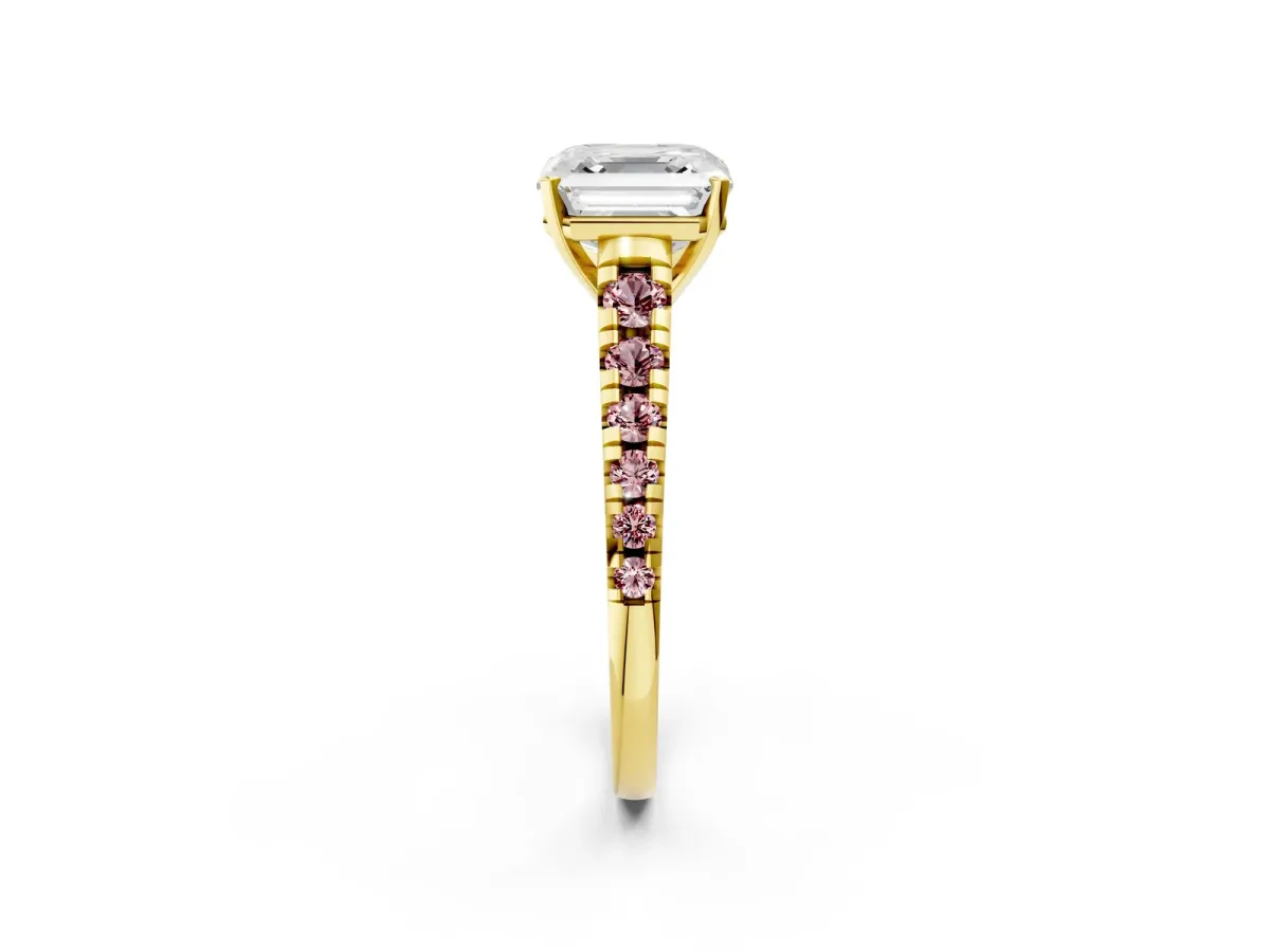 Asscher Cut Diamond Cathedral Solitaire Ring with Round Morganite Pavé Band Yellow gold