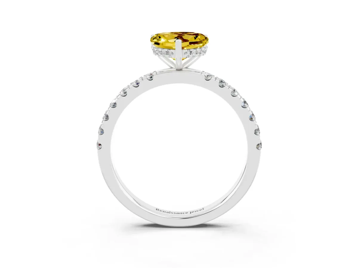 Heart Cut Yellow Sapphire Pave Band Solitaire Ring with Round and Prong Setting Platinum