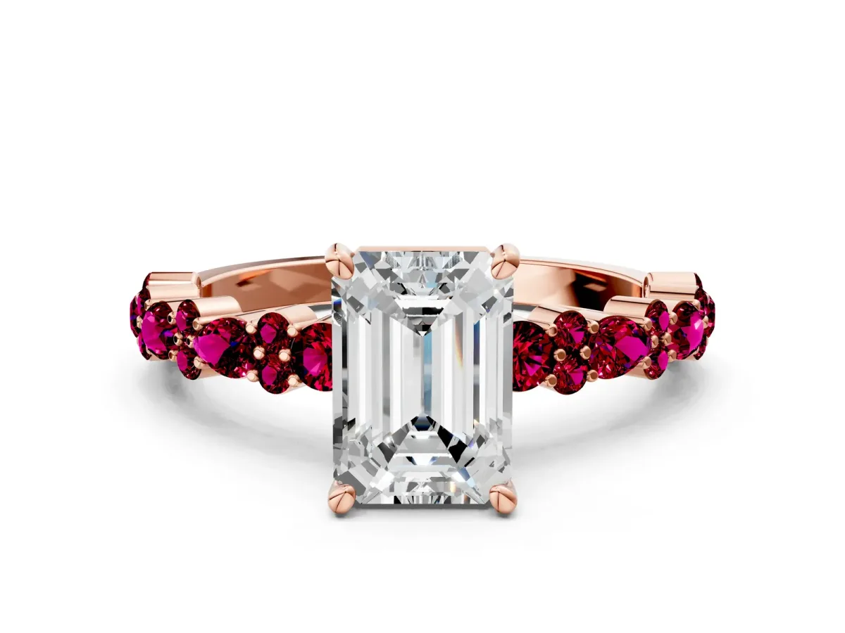 Emerald Cut Diamond Side Stone Solitaire Ring with Round Garnet and Four-Prong Setting Rose gold