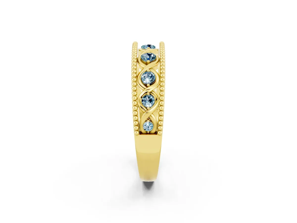 Round Aquamarine Twist Milgrain Band with Bezel Setting Yellow gold