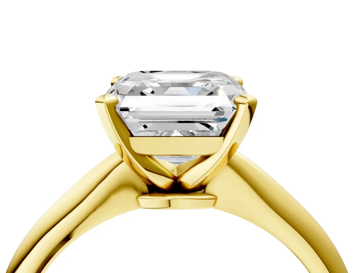 Asscher Cut Diamond Solitaire Engagement Ring with Classic Band and Four-Prong Setting Yellow gold