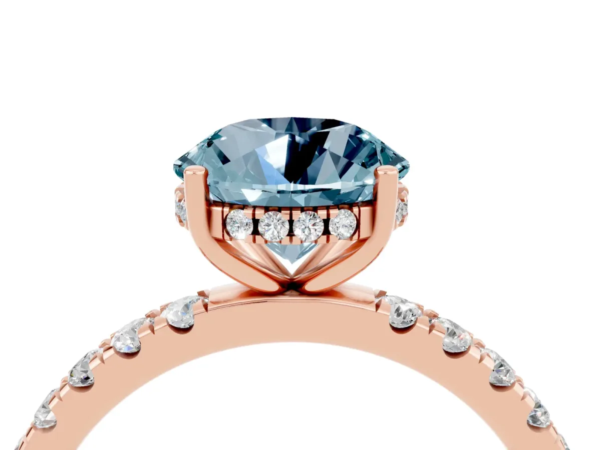 Round Cut Aquamarine Pave Band Solitaire Ring with Round and Prong Setting Rose gold