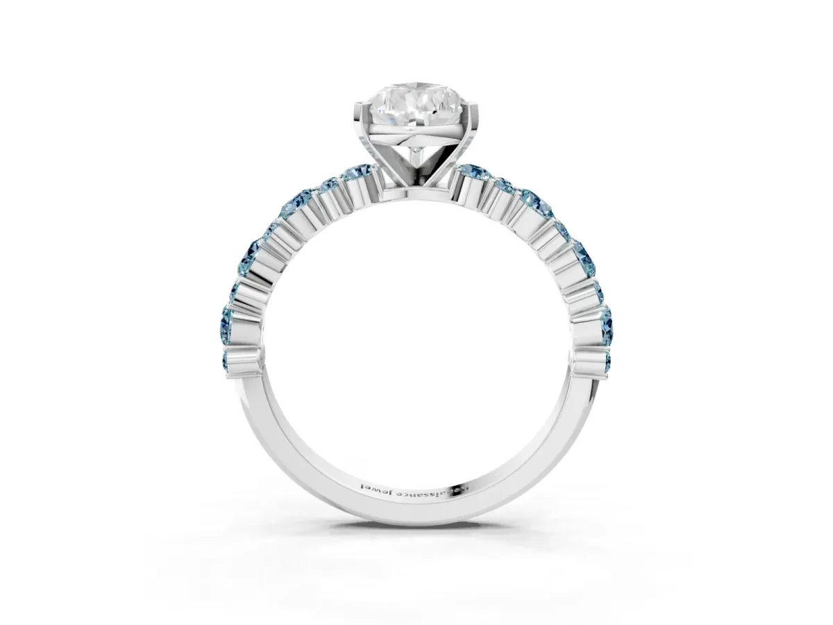 Pear Cut Diamond Side Stone Solitaire Ring with Round Aquamarine and Four-Prong Setting White gold