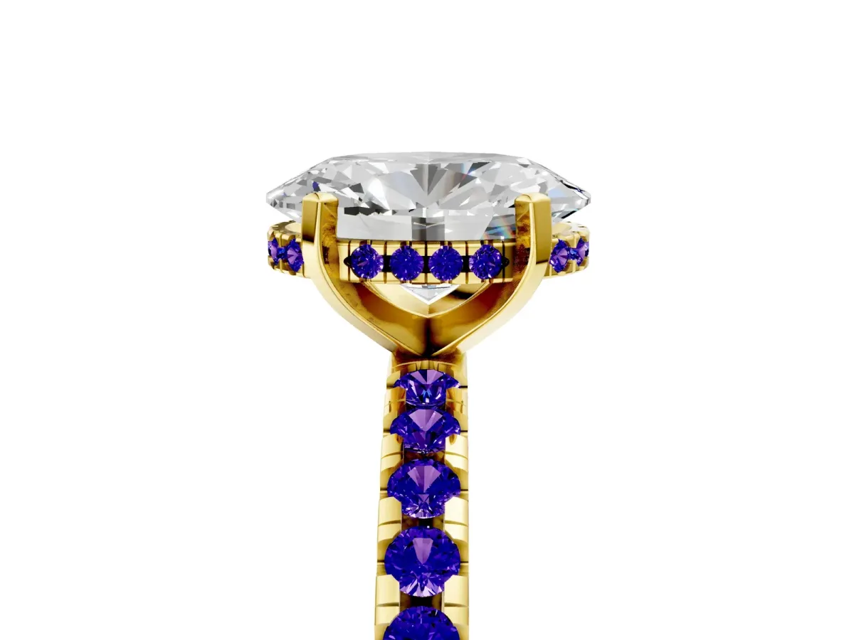 Oval Cut Diamond Solitaire Ring with Round Tanzanite Pavé Band and Four-Prong Setting Yellow gold