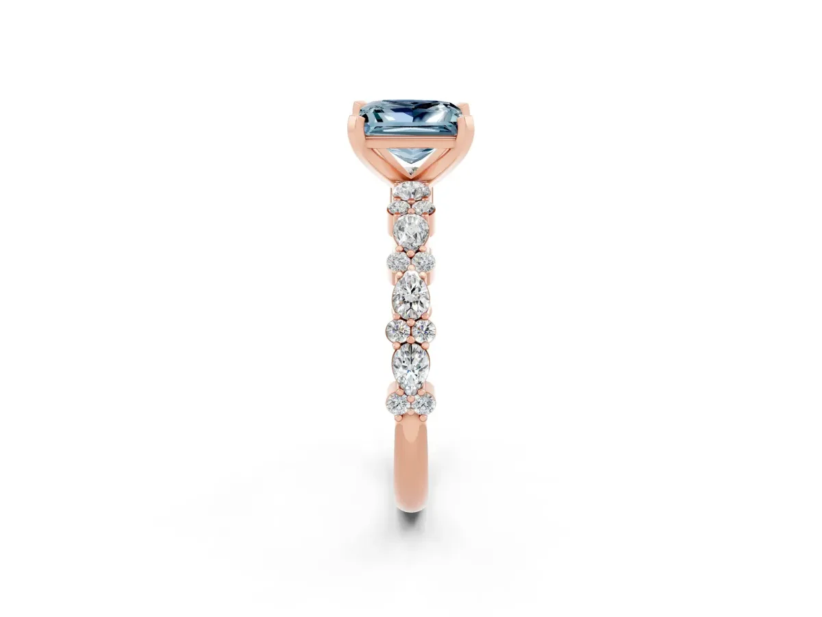 Princess Cut Aquamarine Side Stone Solitaire Ring with Round and Four-Prong Setting Rose gold