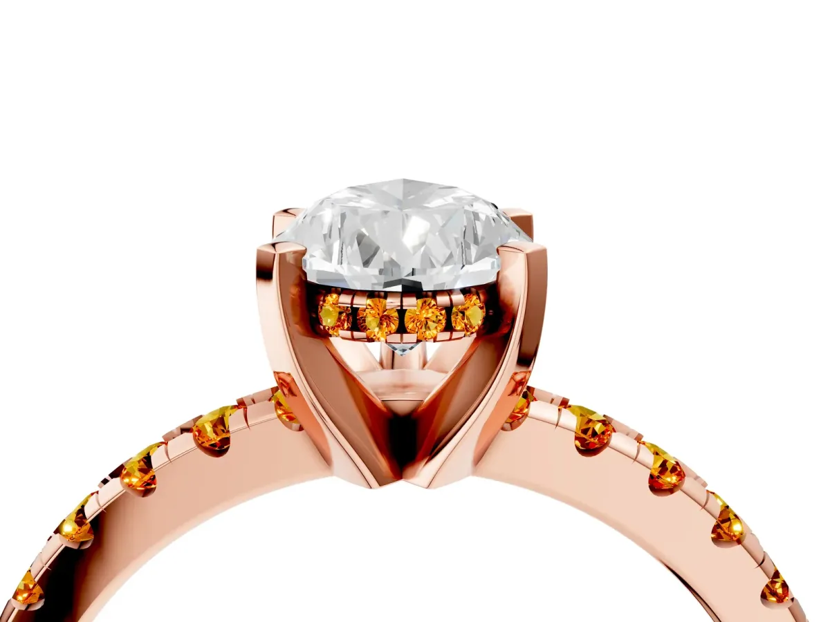 Pear Cut Diamond Solitaire Ring with Round Citrine Pavé Band and Four-Prong Setting Rose gold