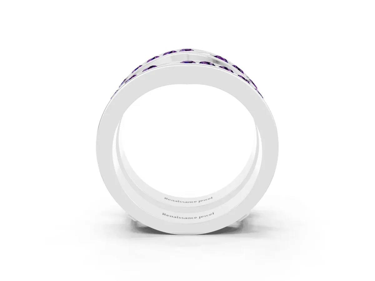 Round Amethyst Channel-Set Chevron Band Platinum